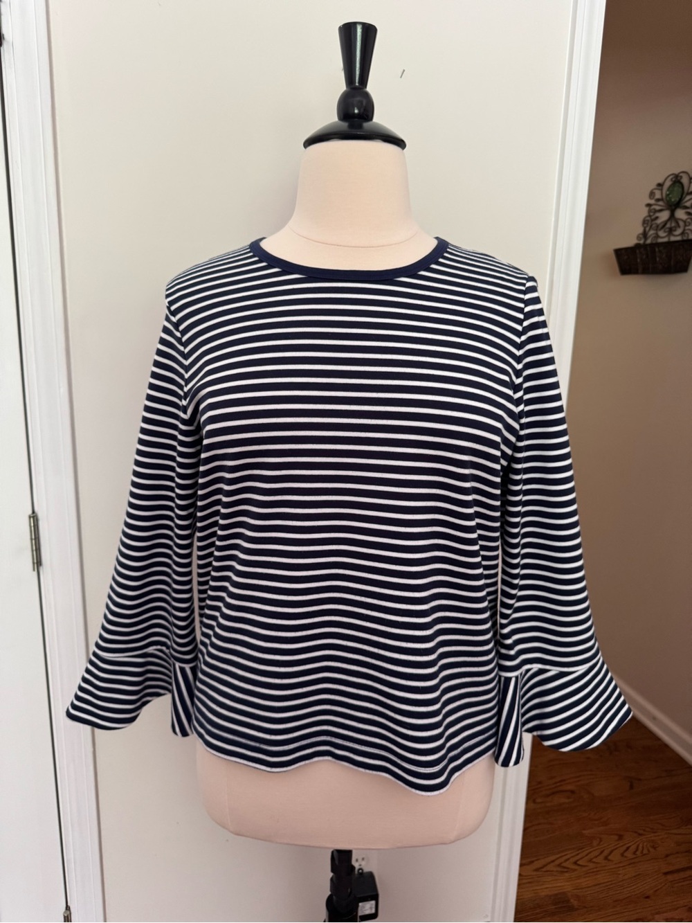 Draper James Navy and White Striped Bell-Sleeve Top